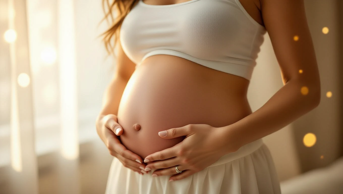 Kismama kezével simogatja a terhes pocakját, lágy fényekkel körülvéve.