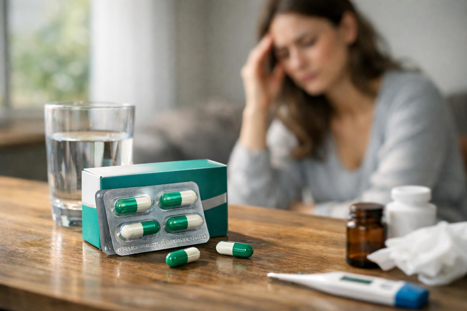 Egy aszpirin csomag és víz egy asztalon, háttérben fájdalomtól szenvedő nő.