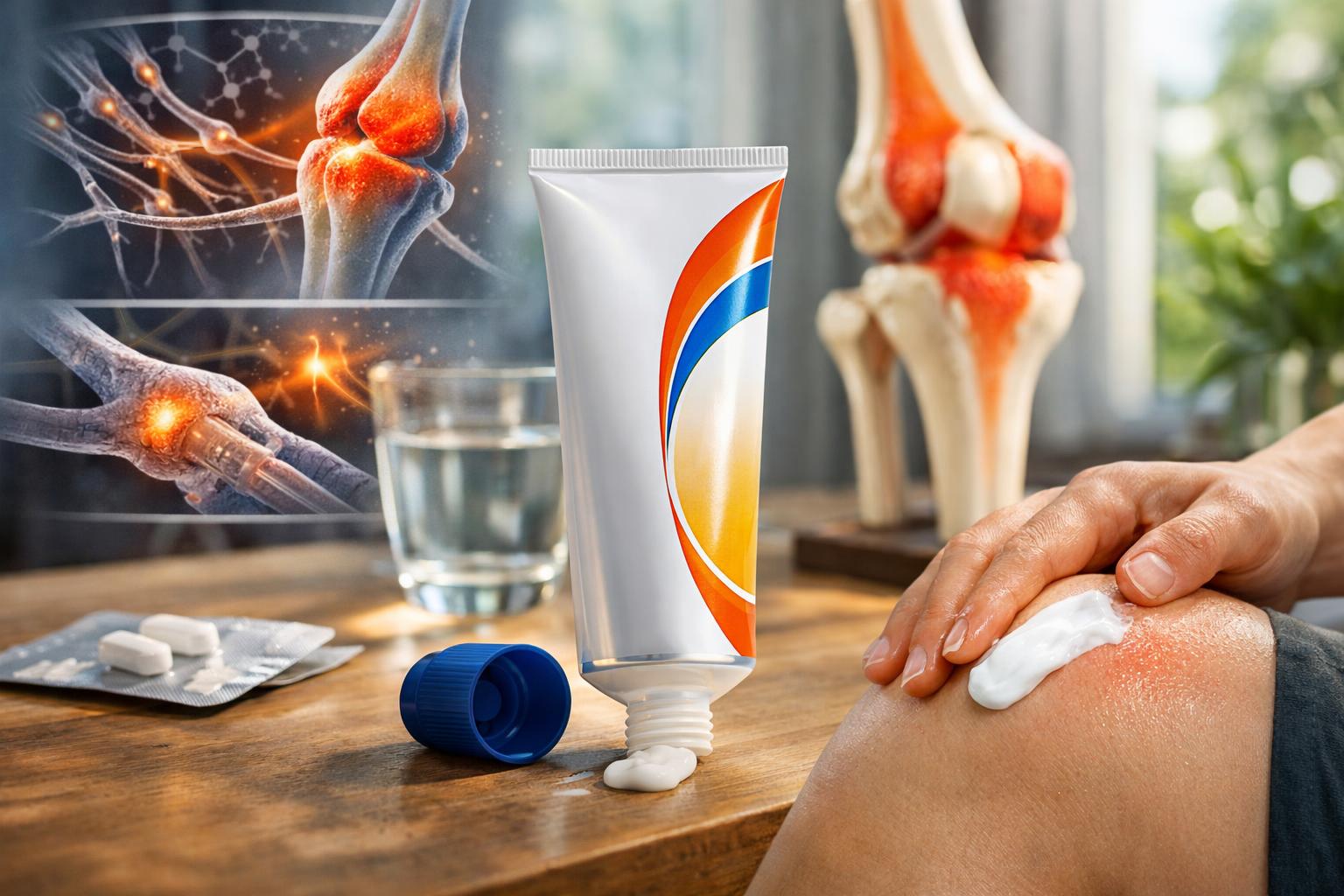 Egy kéz, amely Voltaren krémet alkalmaz egy fájó térdre, háttérben ízületi ábra.