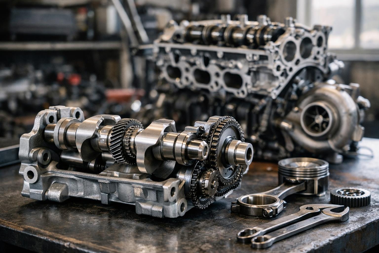 Egy motor balansztengelye és alkatrészei, amelyek a rezgéscsökkentésért felelnek.