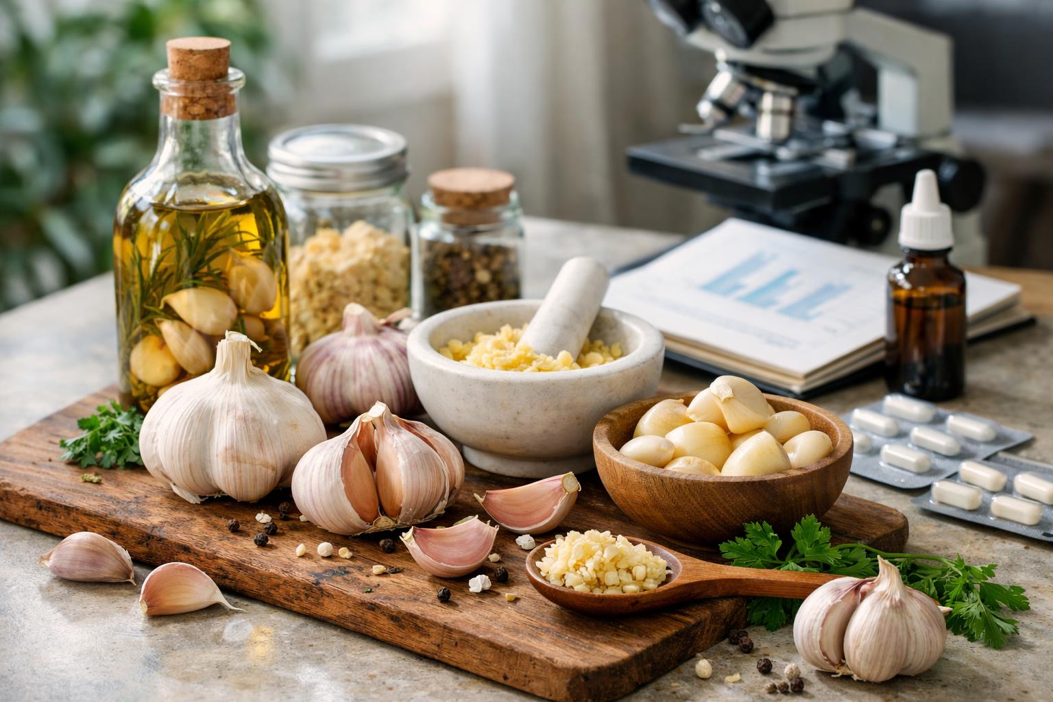 Fokhagyma, olívaolaj és gyógynövények egy asztalon, laboratóriumi háttérrel.
