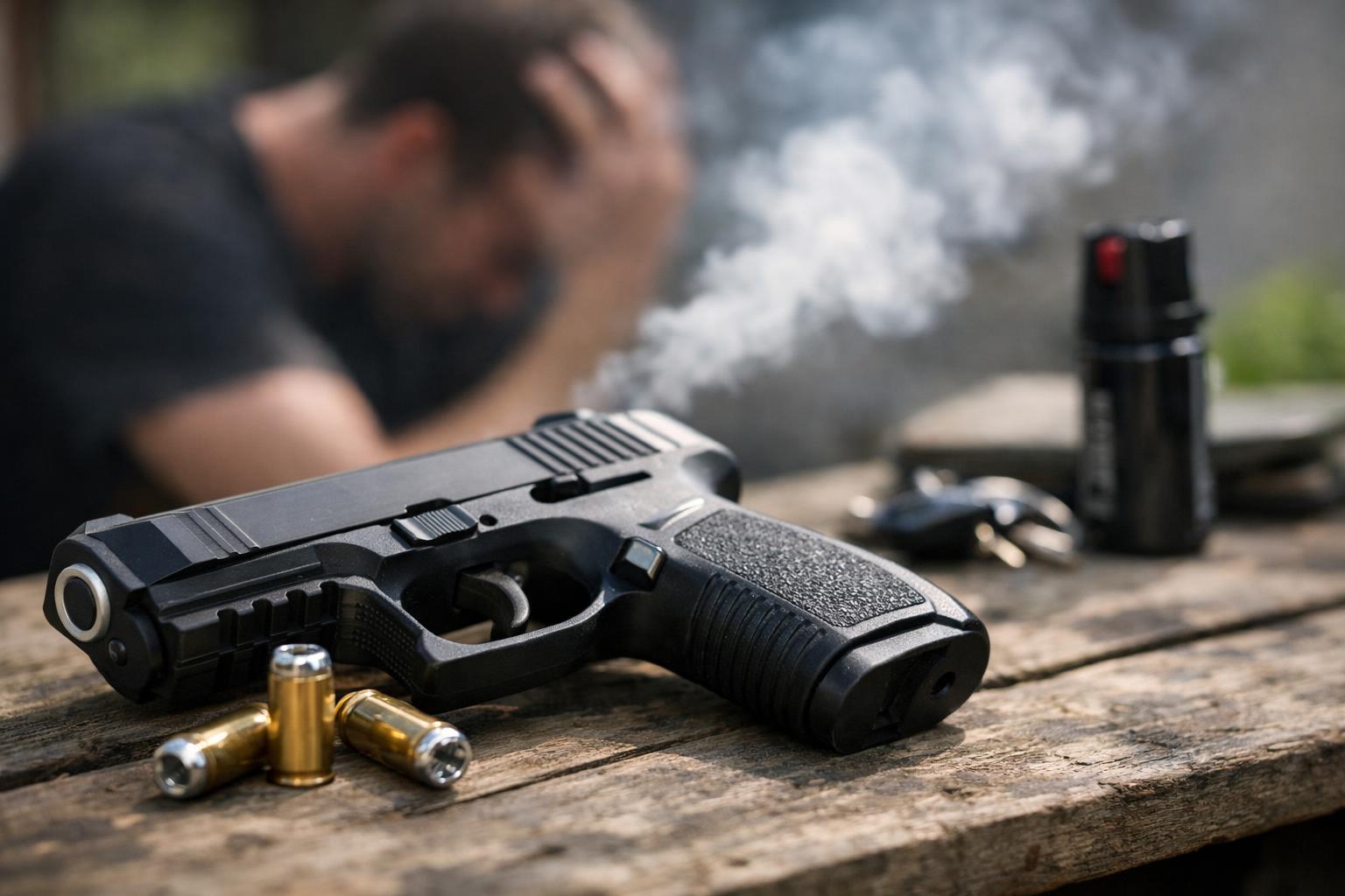 Egy gázriasztó pisztoly fekszik egy asztalon, füst száll fel mellette.