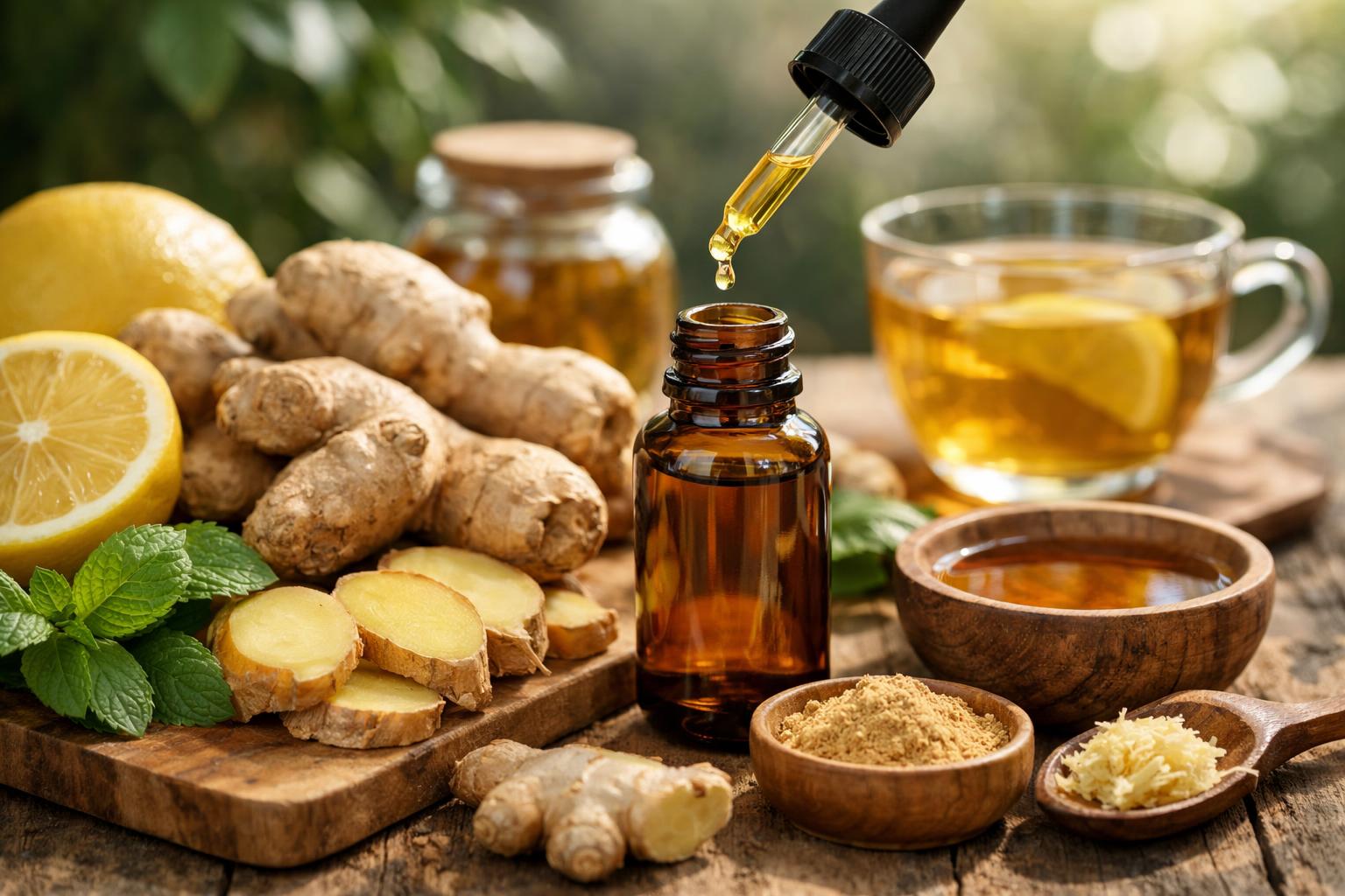 Friss gyömbér, citrom és gyömbércseppek egy fából készült deszkán.