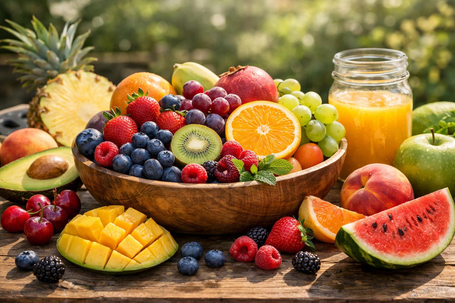 Friss gyümölcsök, mint eper, áfonya és mangó, egy fából készült tálban.