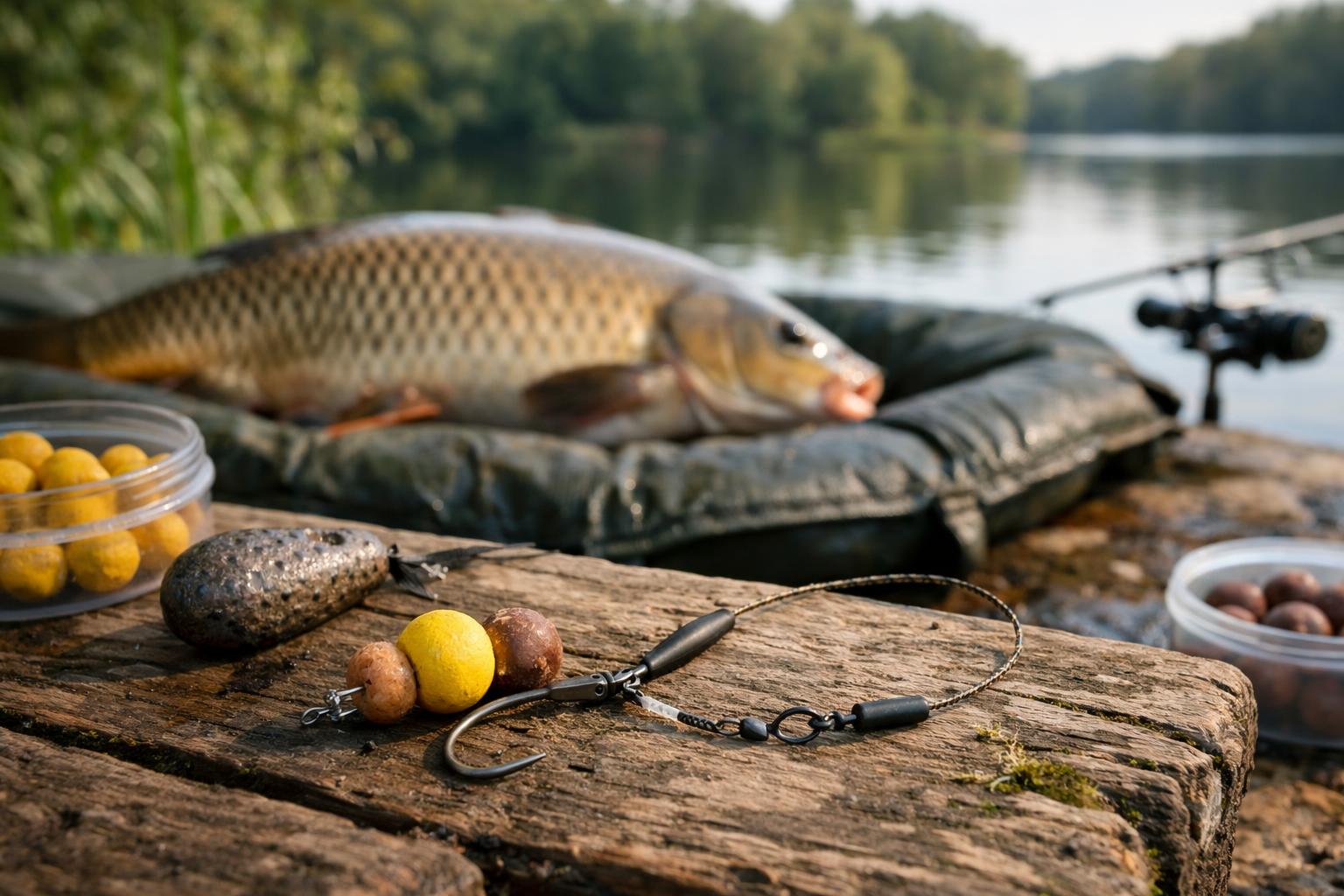 Egy combi rig horgászszerelék, bojlik és egy nagy hal a vízparton.
