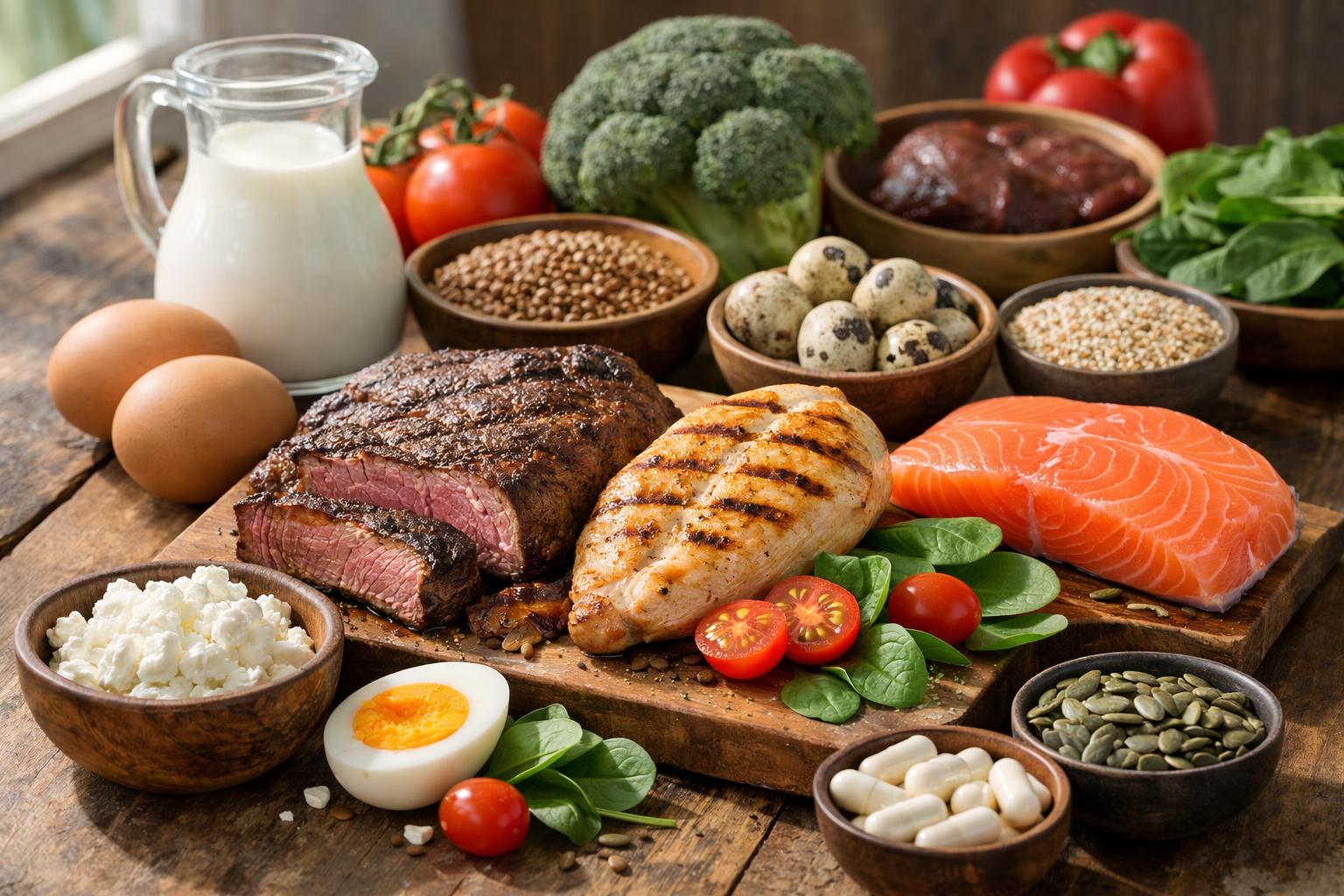 Friss húsok, tojás, tej és zöldségek gazdag választéka egy asztalon.