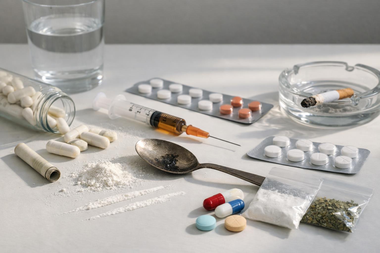 Kábítószerek és gyógyszerek különböző formái egy asztalon, beleértve a fecskendőt és a kanalat.