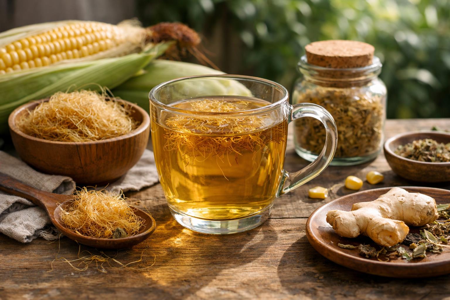 Egy csésze kukoricabajusz tea, mellette kukoricabajusz és gyömbér.
