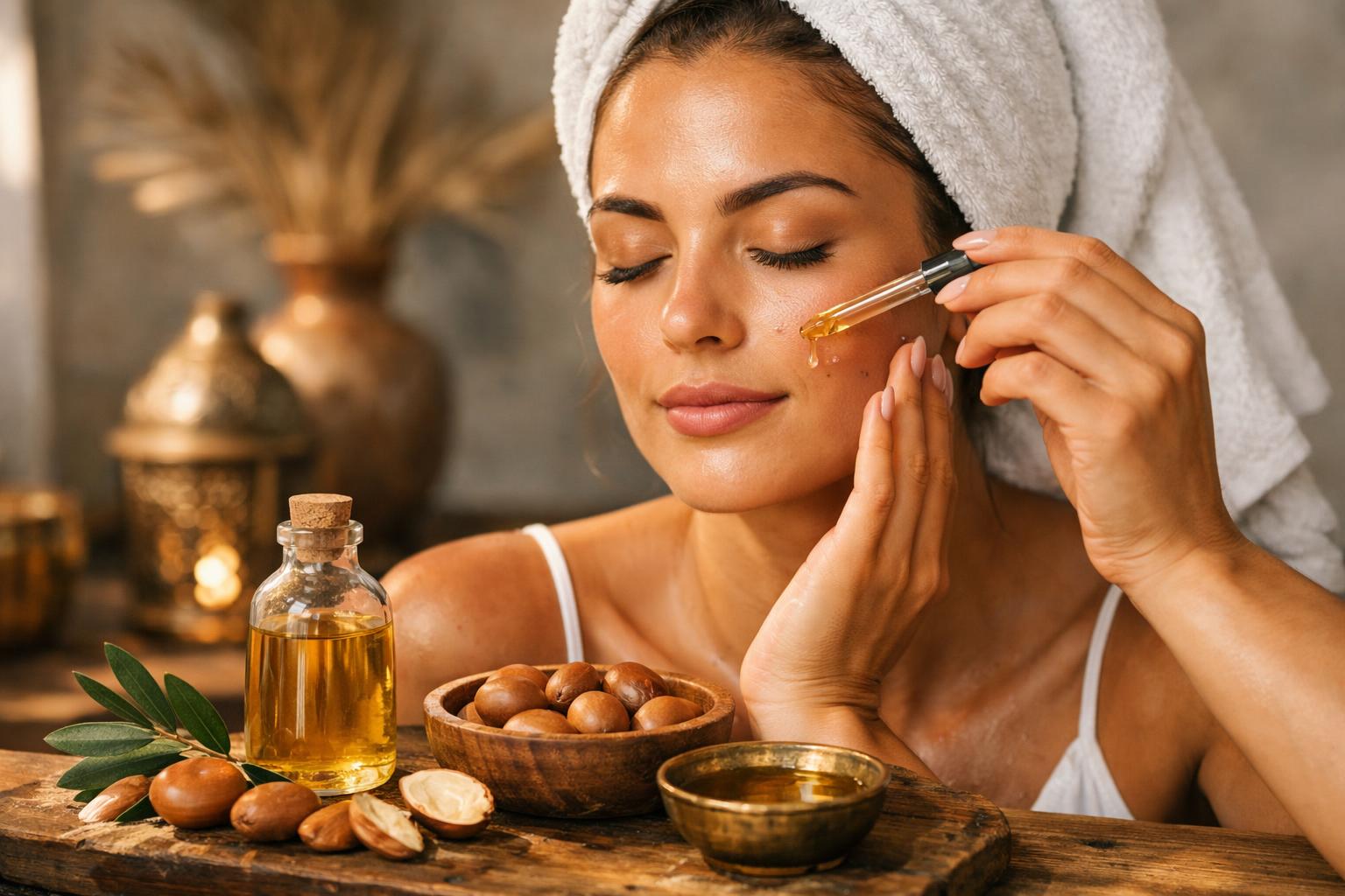 Egy nő argánolajat alkalmaz az arcán, miközben természetes környezetben ül.