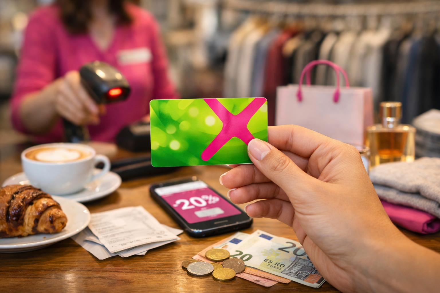 Egy kézben tartott Mömax kártya, háttérben vásárlás és kávé.