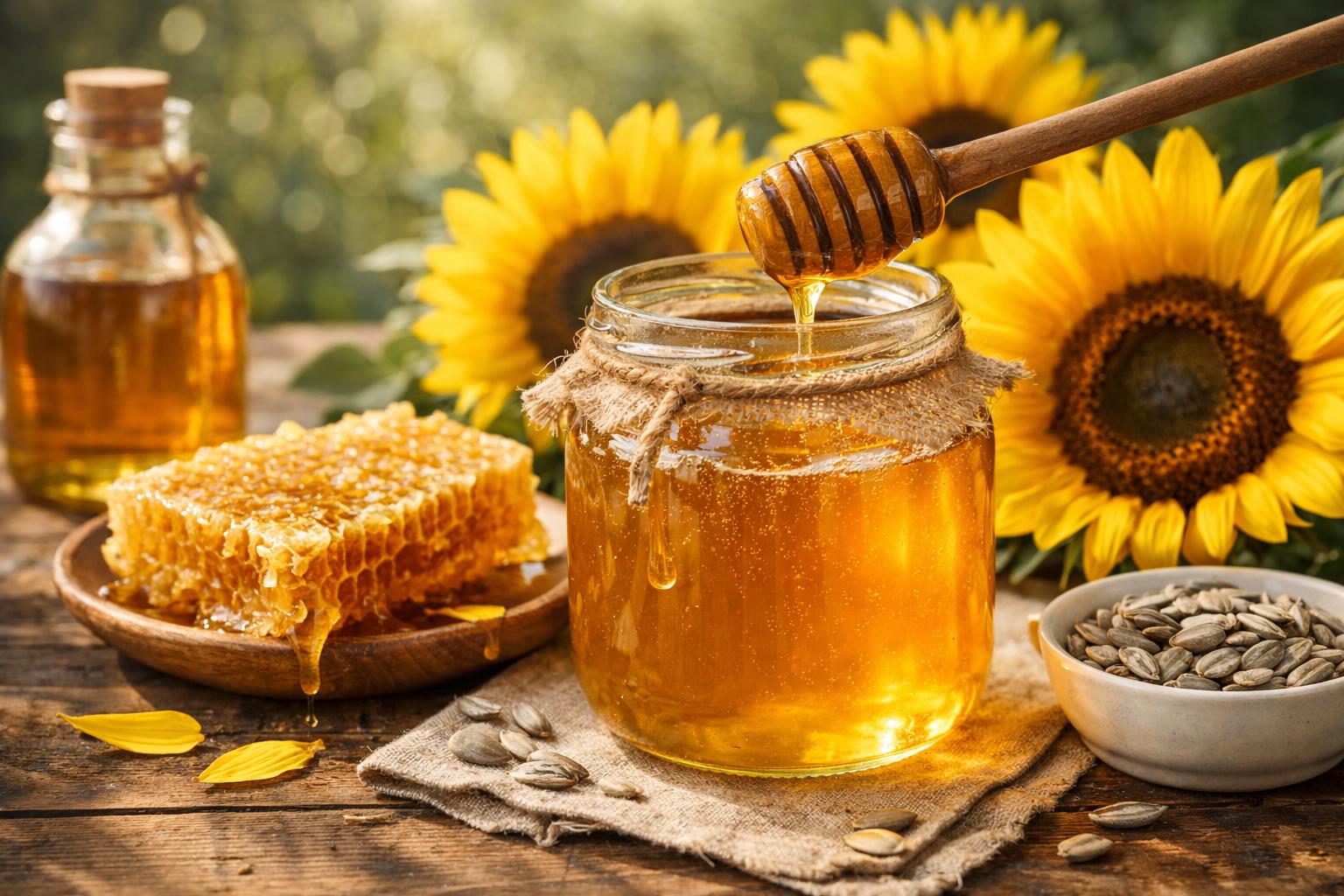 Egy üveg napraforgóméz, mellette méhsejt és napraforgók.