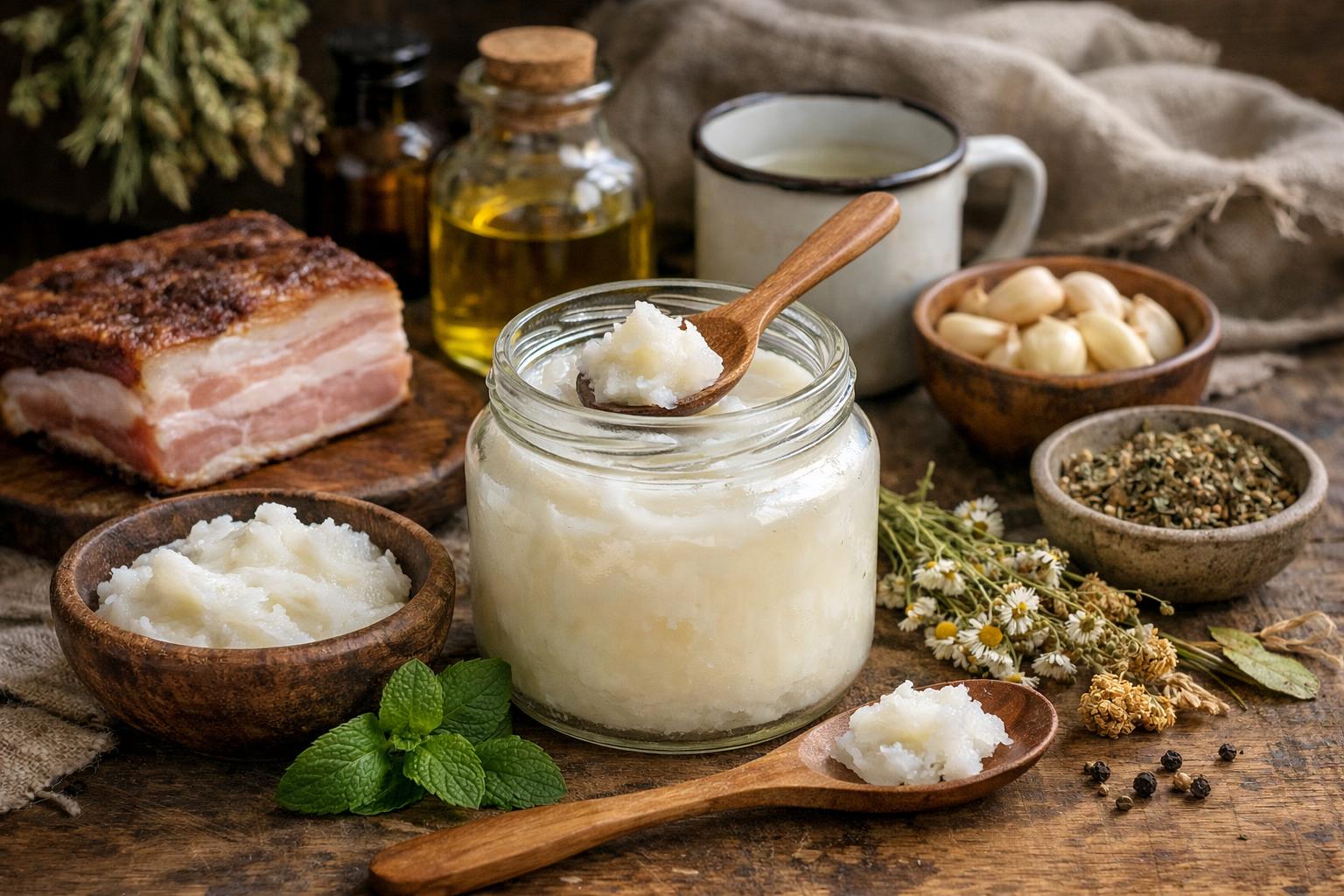 Egy üveg sertészsír, mellette fűszerek, fokhagyma és szalonna.