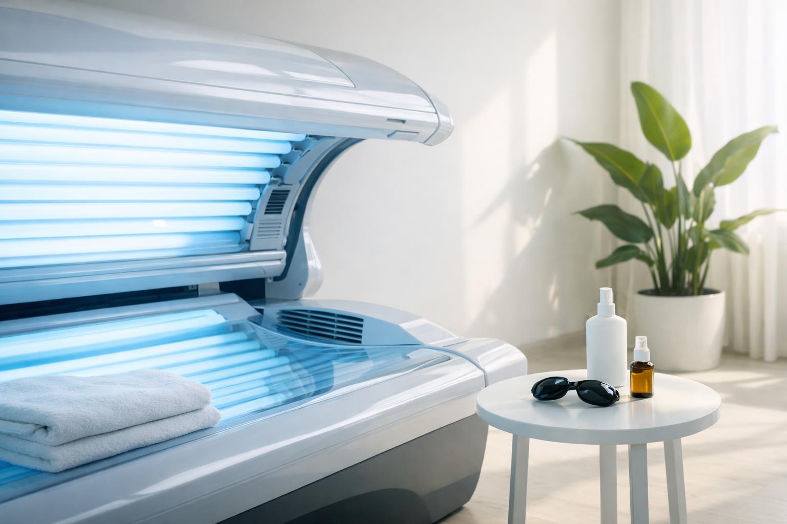 Egy modern szolárium gép, mellette napozáshoz szükséges termékek és törölköző.