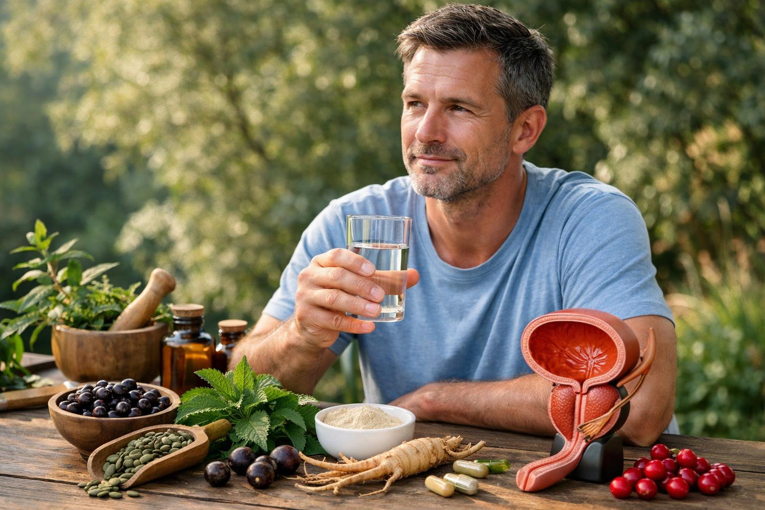 Egy férfi vízzel és gyógynövényekkel ül egy asztalnál, prosztata modell mellett.