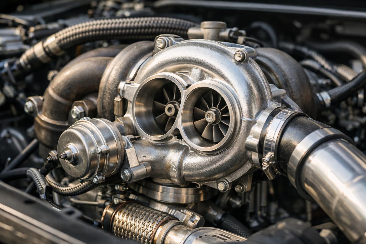 Közelkép egy twin-scroll turbóról, amely az autó motorjában található.