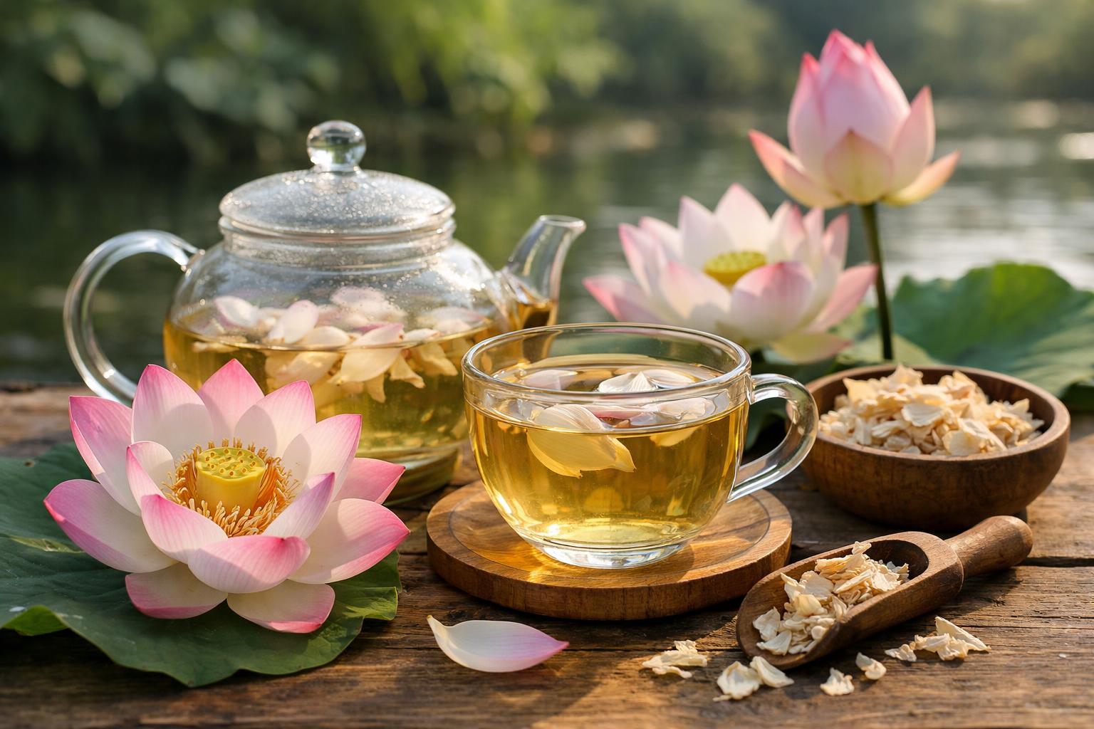 Lótuszvirág tea, friss virágokkal és szárított levelekkel egy asztalon.