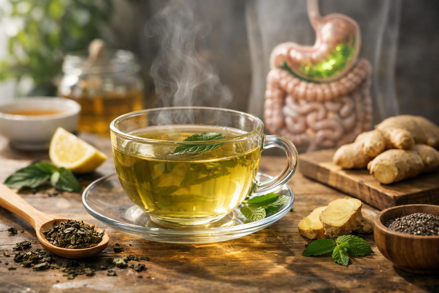 Gőzölgő zöld tea citrommal és mentával, gyömbér és fűszerek mellett.