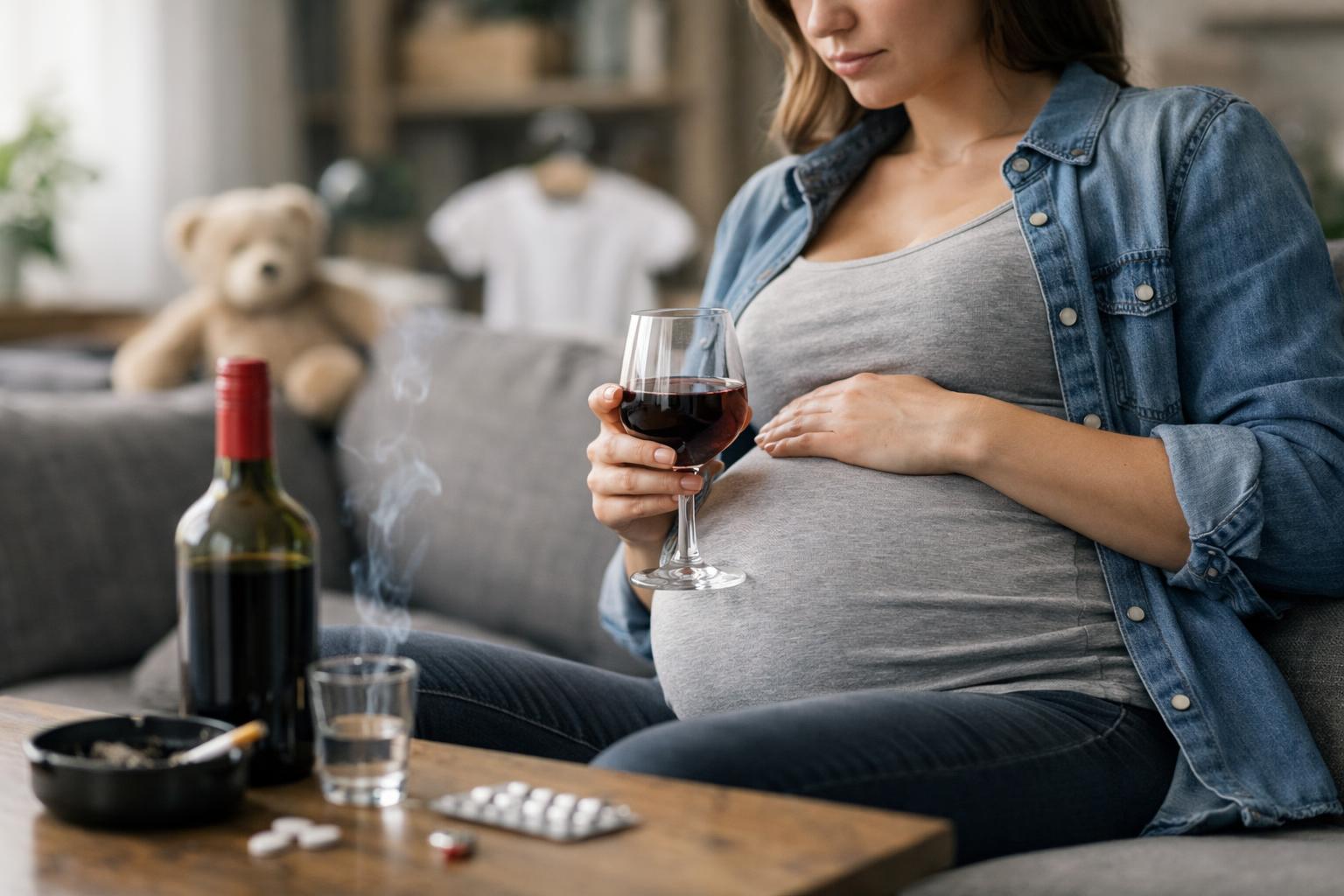 Terhes nő vörösbort tart a kezében, mellette üveg víz és cigarettás doboz.