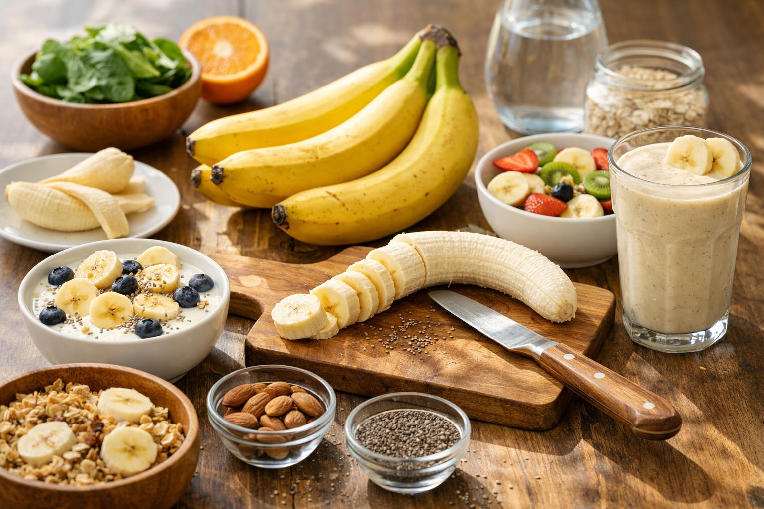 Friss banánok, joghurt, müzli és smoothie egy asztalon, egészséges reggeli ötletek.