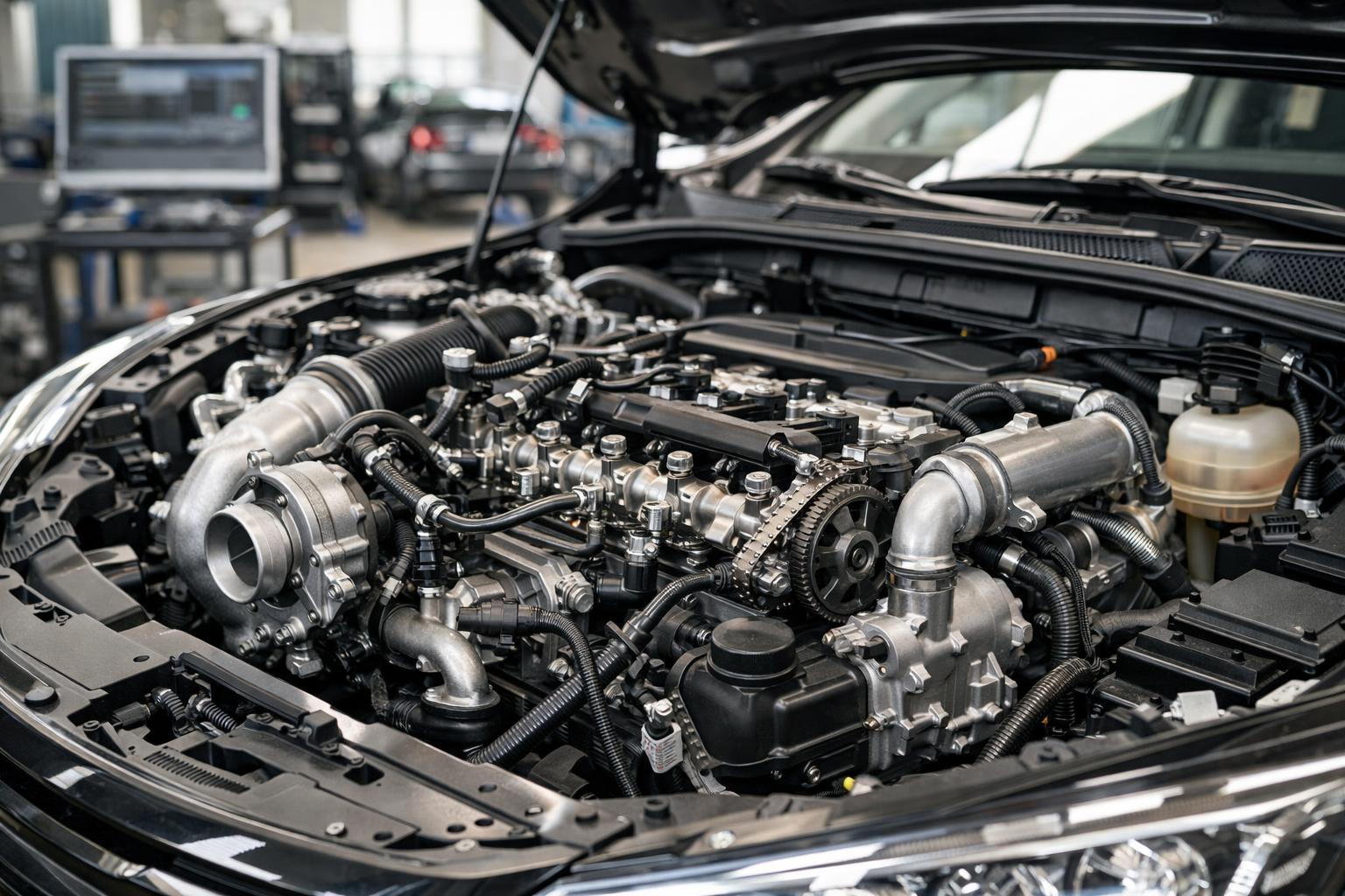 A D4D motor részletei, beleértve a befecskendező rendszert és a turbót.