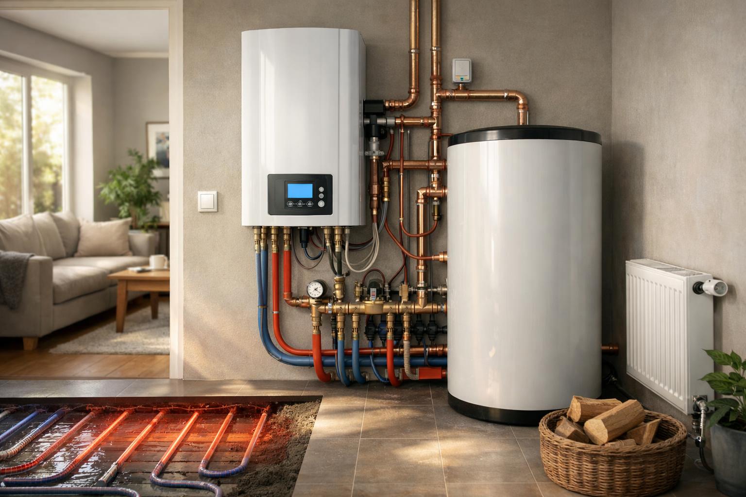 Modern ionkazán és víztároló a fűtési rendszer részeként egy otthonban.