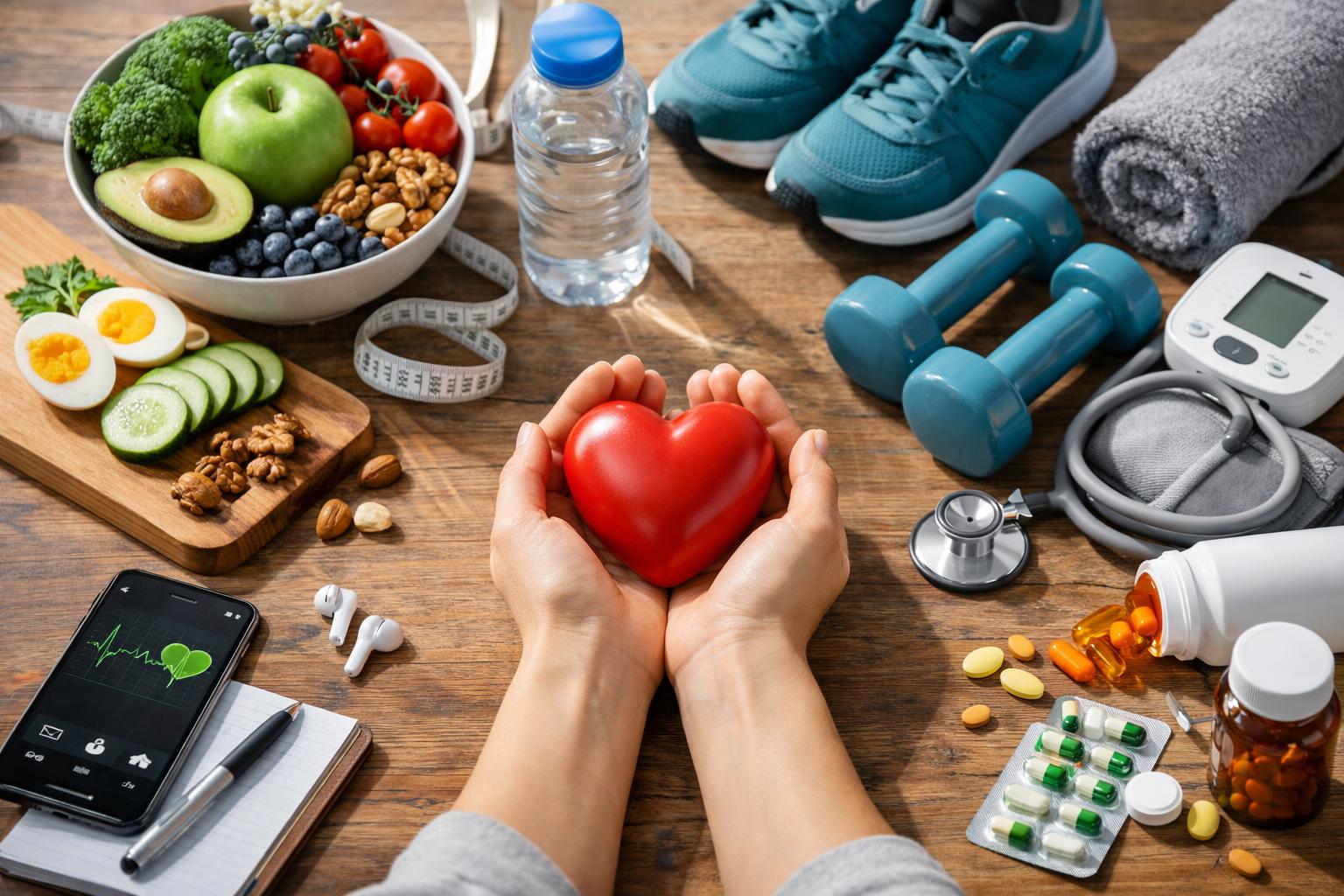 Két kézben tartott piros szív, körülötte egészséges ételek és sporteszközök.