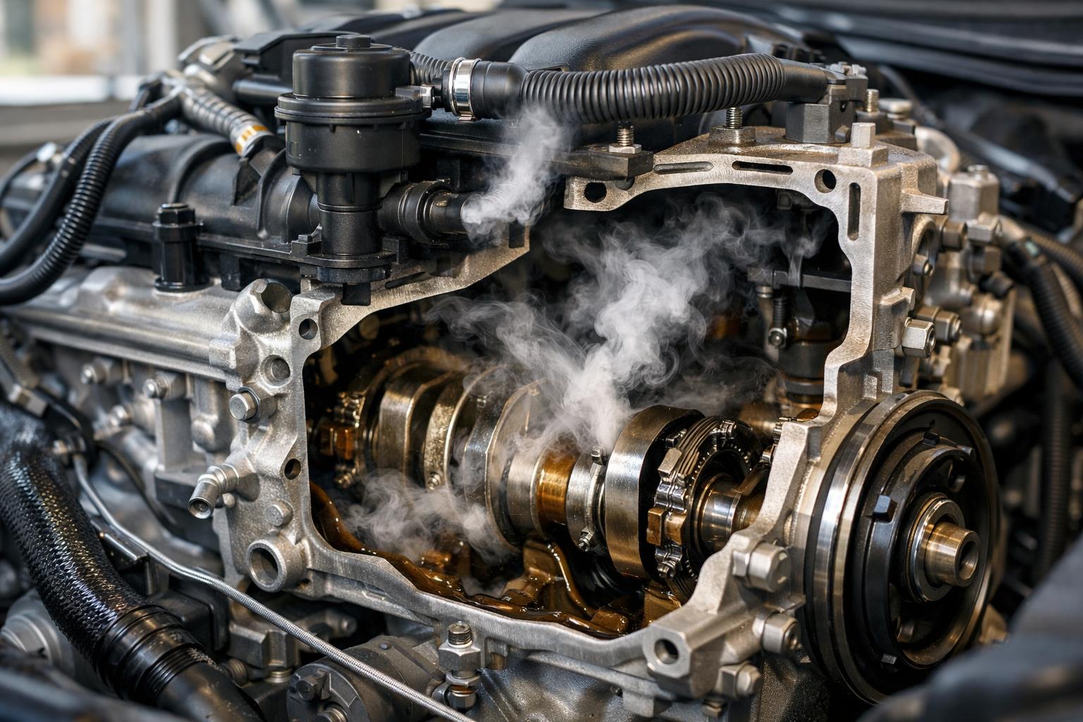 A motor forgattyúsháza, amelyből gőz szivárog, a szellőztetés fontosságát szemlélteti.
