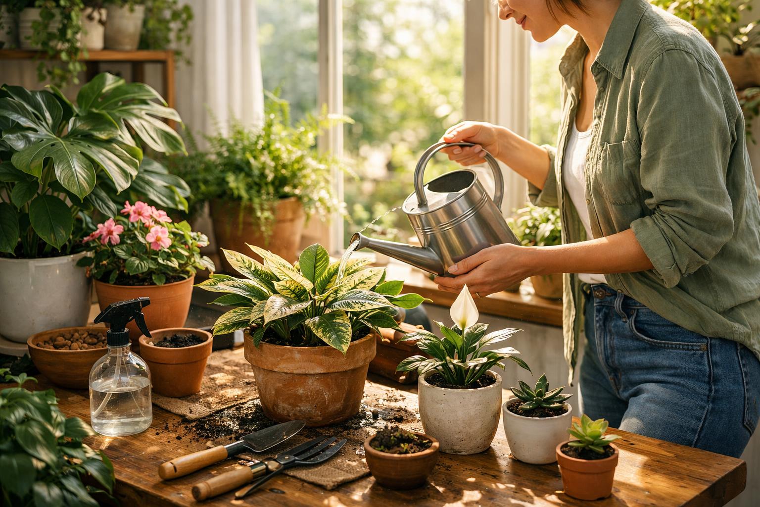 Nő öntöz egy szobanövényt, miközben több növény és szerszám látható az asztalon.