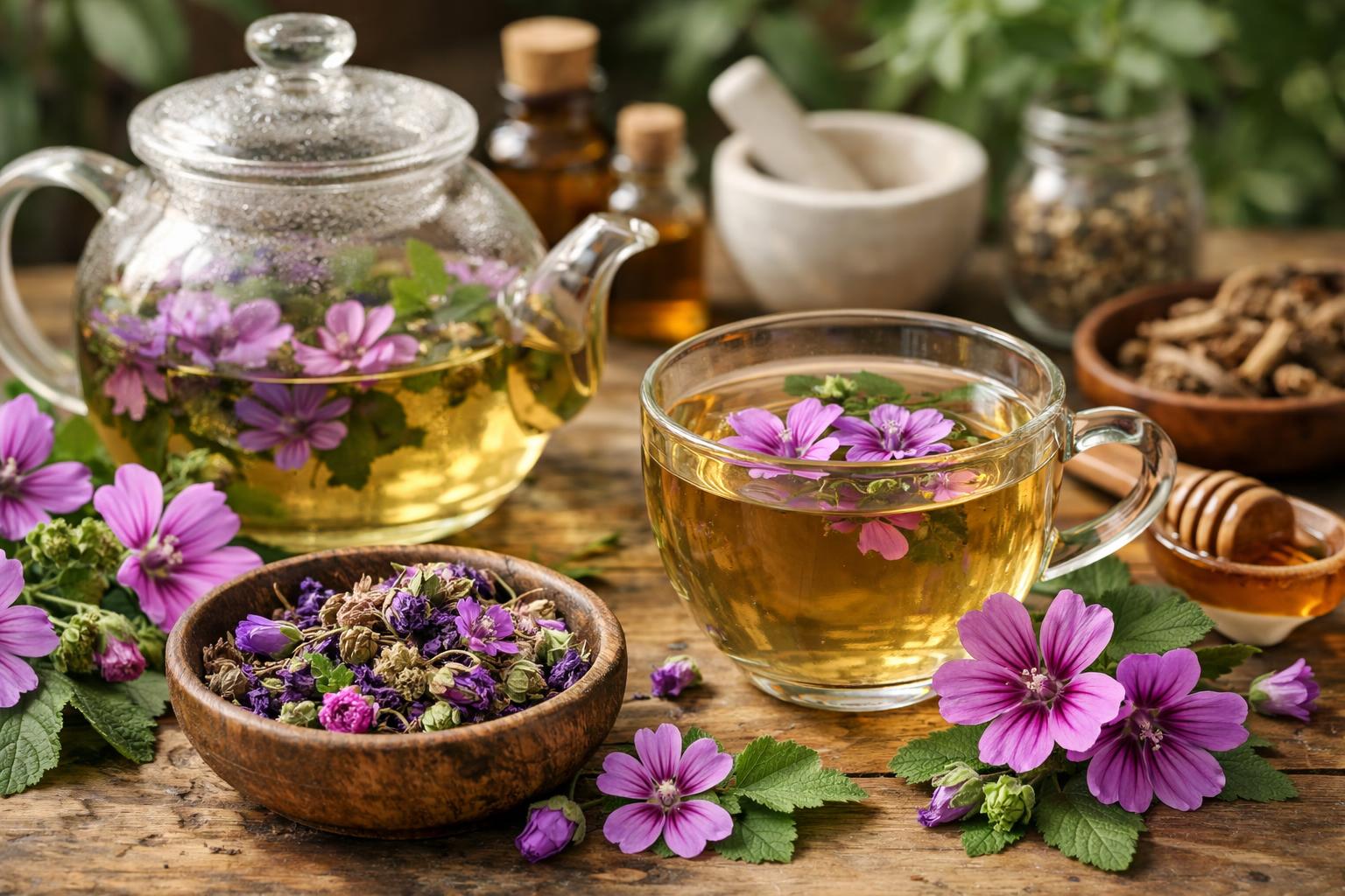 Papsajtmalva tea, friss virágokkal és gyógynövényekkel díszítve.