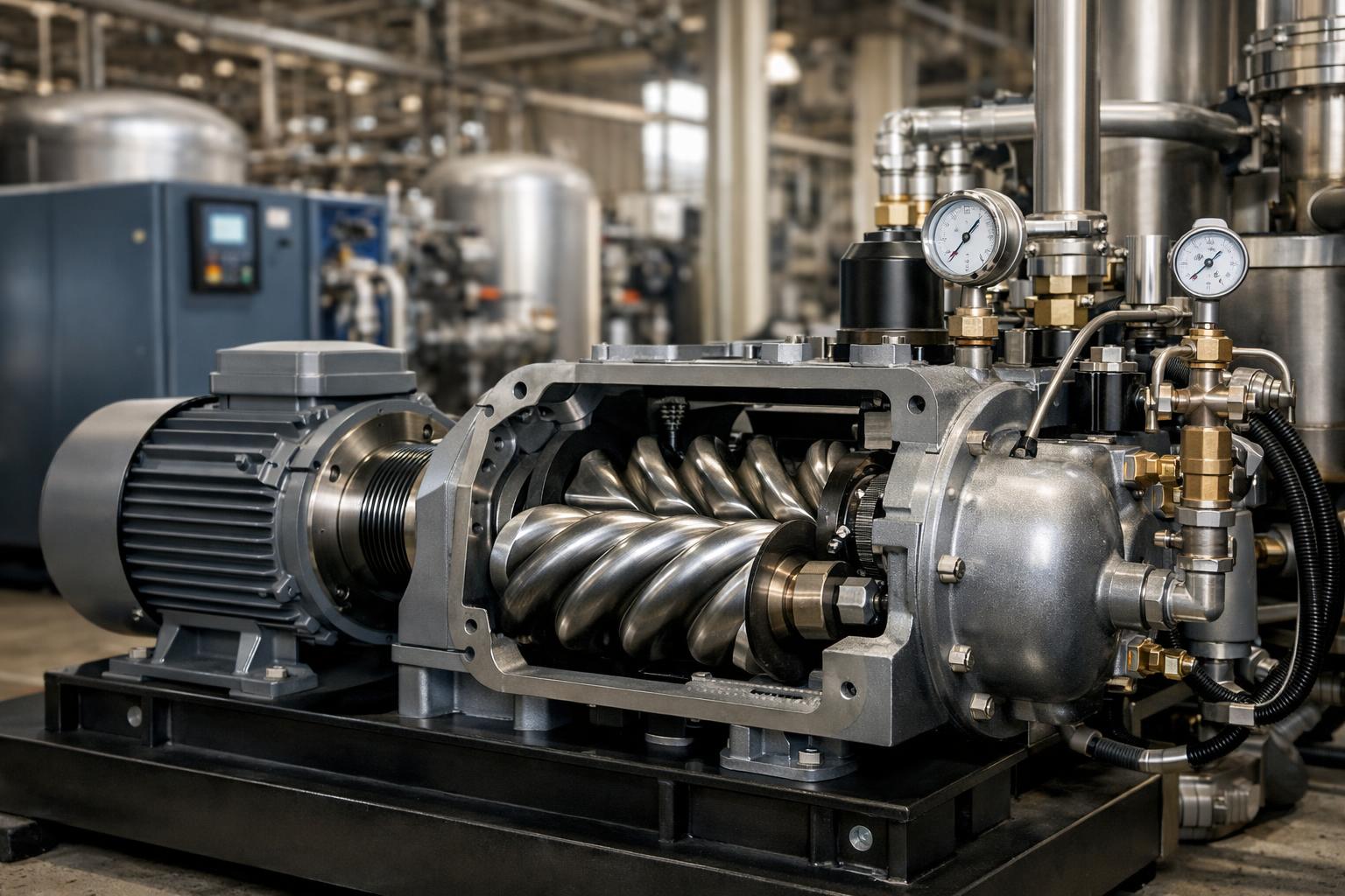 Egy rotációs kompresszor részletes belső szerkezete, látható a motor és a sűrítő elemek.